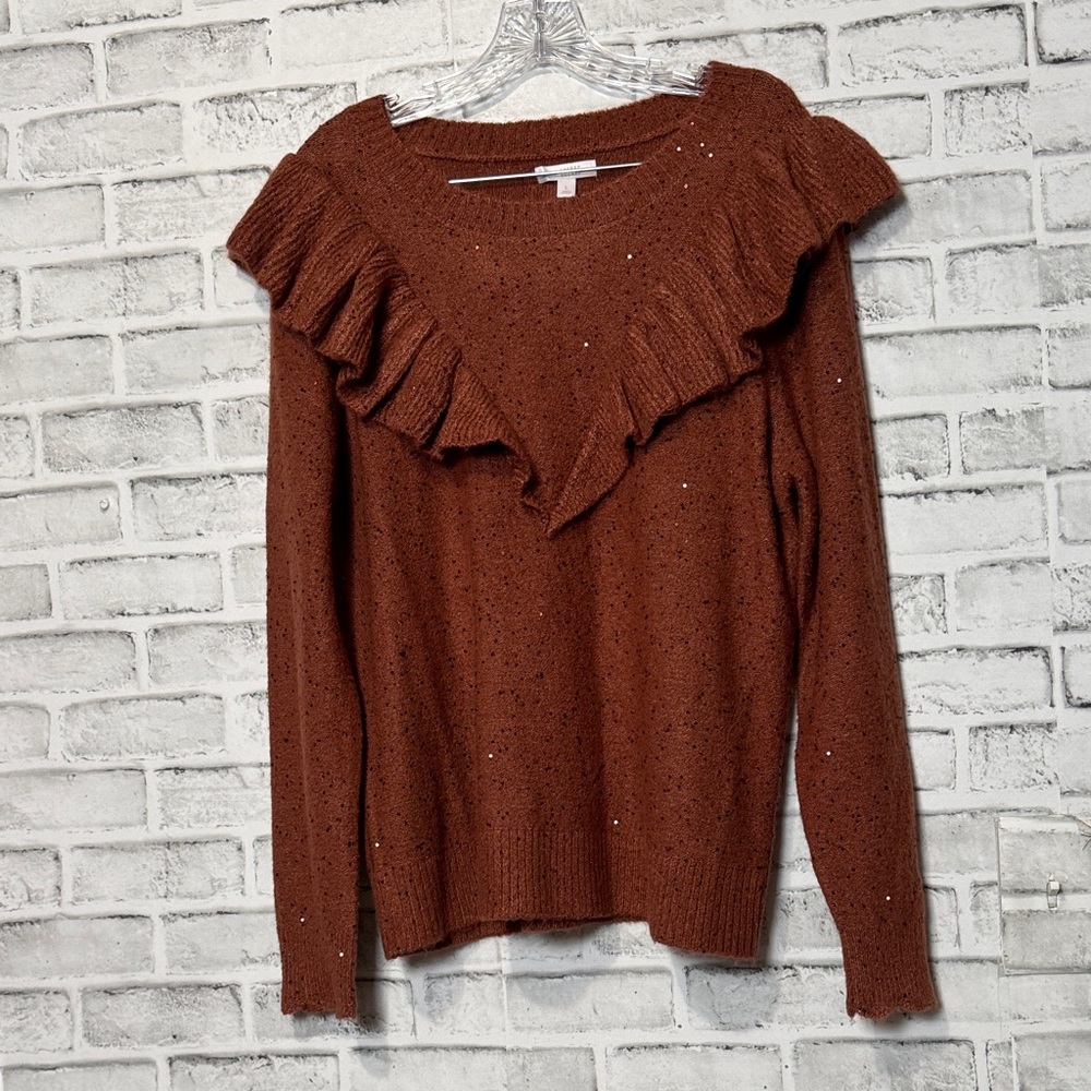 LC Lauren Conrad Ruffled Rust Sweater sparkly‎ scalloped sleeves ruffled size Lg
